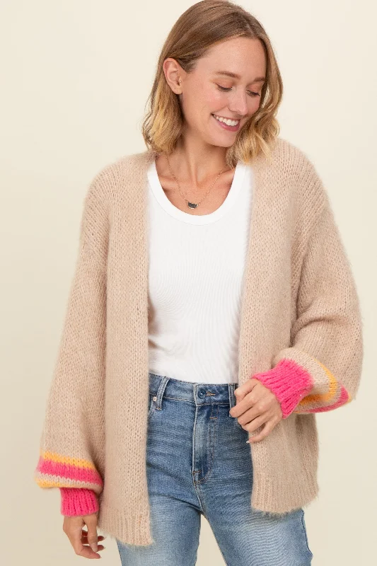 Beige Brushed Knit Striped Sleeve Cardigan