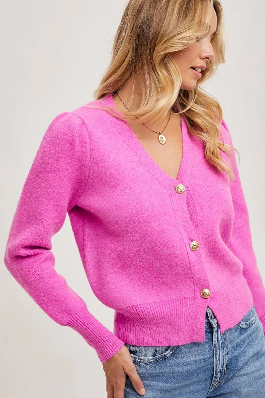 Button Down V-Neck Cardigan (Hot Pink)