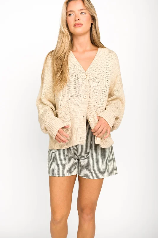 Iris 100% Cotton Knit Cardigan with Pockets in Ecru