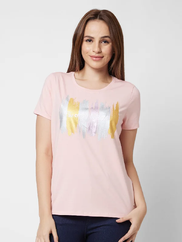 Spykar Round Neck Half Sleeve Pink Printed T-Shirt For Women