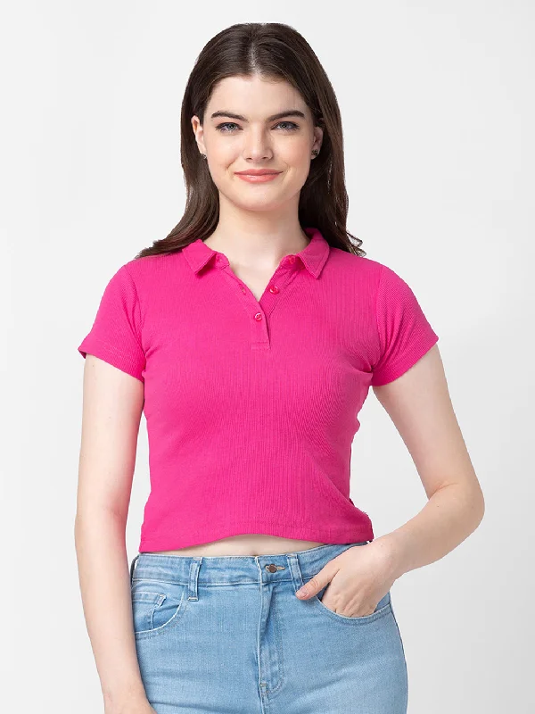 Spykar Women Fuschia Pink Cotton Printed Crop Top