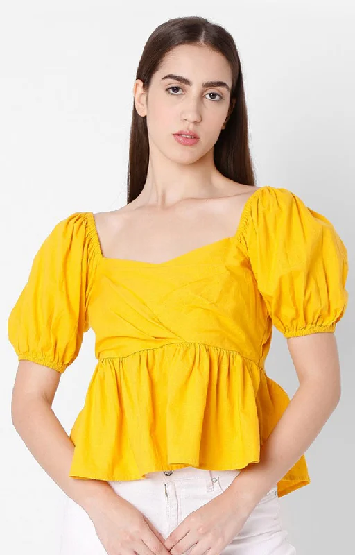 Spykar Yellow Cotton Women Top