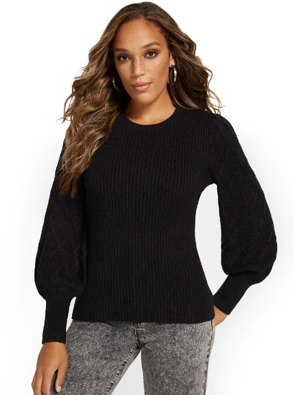 Balloon-Sleeve Cable-Knit Pullover Sweater