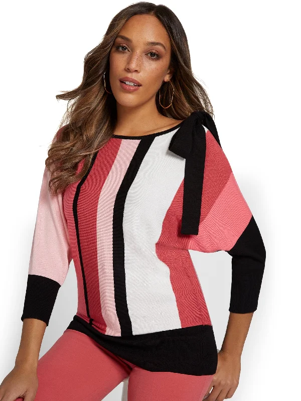 Colorblock Bow-Shoulder Pullover Sweater