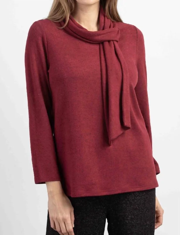 Cozy-Up Fleece Tie Neck Pullover In Cranberry