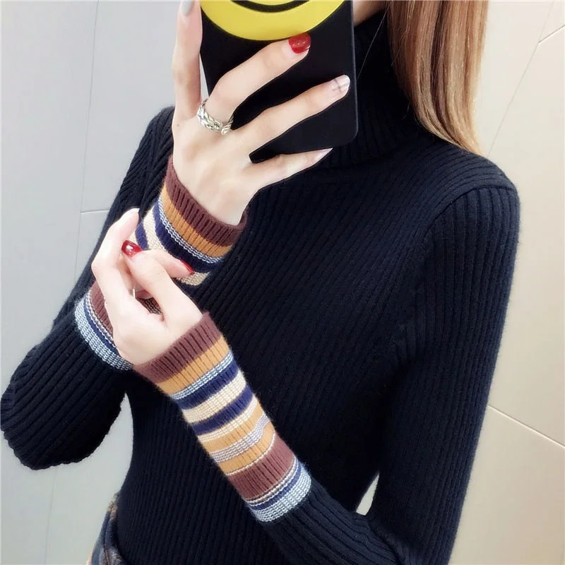 Elastic Sweaters Long-Sleeve Female Pullovers Turtleneck Winter Autumn Women Clothes Jumper  Streetwear Knitted Tops Black Red S