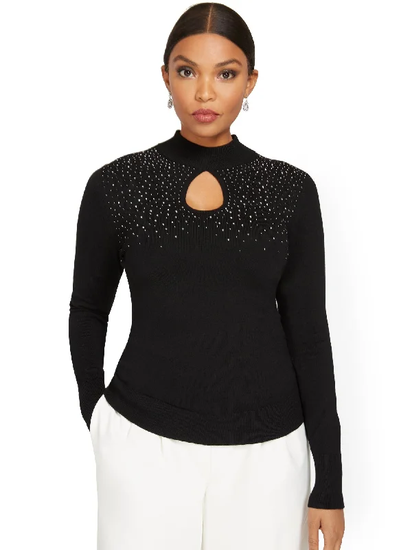 Jeweled Keyhole-Cutout Pullover Sweater