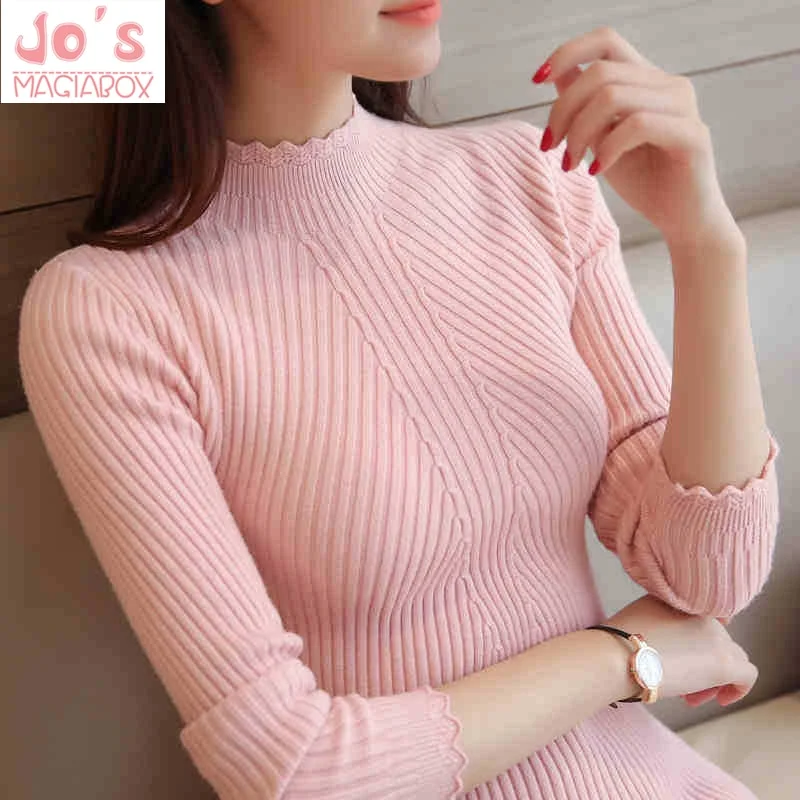 Knitting Women Sweaters And Pullovers Solid Color Turtleneck Slim Casual Ladies Knitted Sweater Winter New Chic Lace Pullover