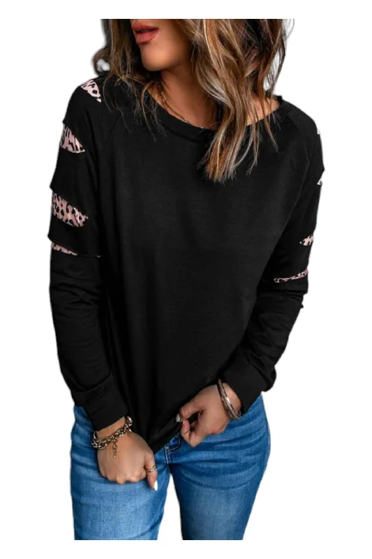 Leopard Distressed Sleeve Pullover Sweater In Black