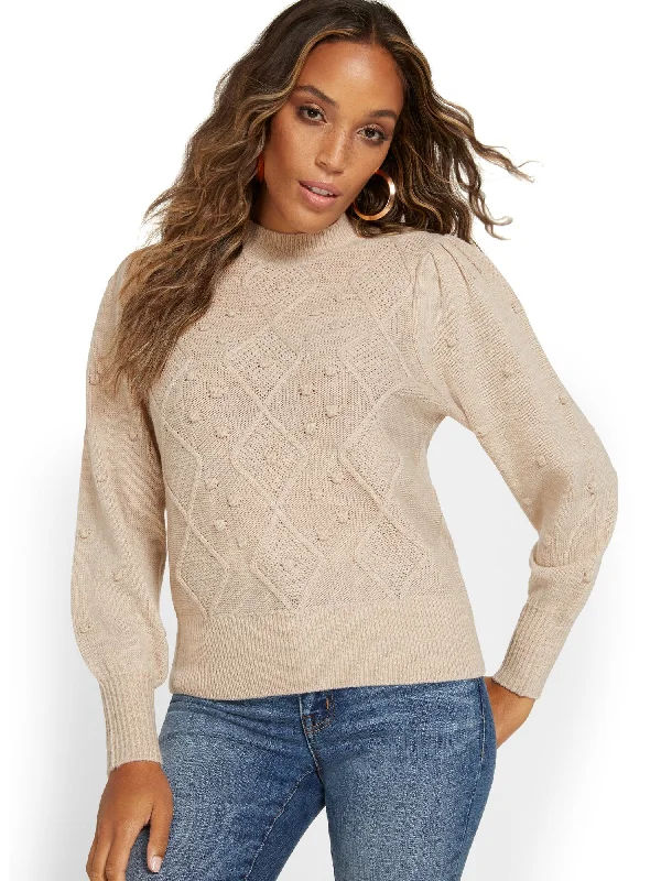 Popcorn-Knit Mock-Neck Pullover Sweater