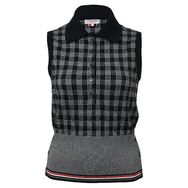 Thom Browne Sleeveless Checkered Print Shirt in Black Merino Wool