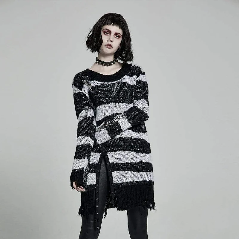 Women's Punk Loose Ripped Striped Knitted Pullover Sweater