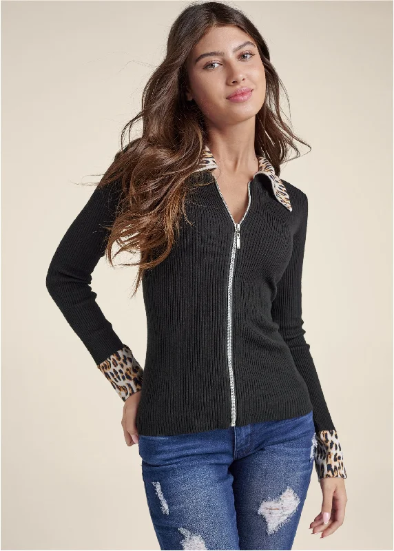 Zipper Front Cardigan  - Black Multi