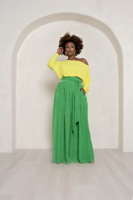 *Green High Waist Belted Maxi Skirt- JIBRI