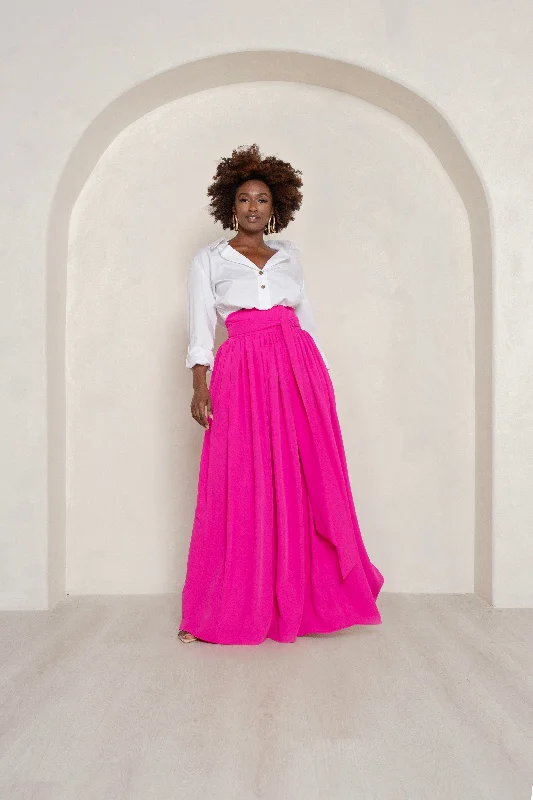 Neon Pink High Waist Belted Maxi Skirt- JIBRI