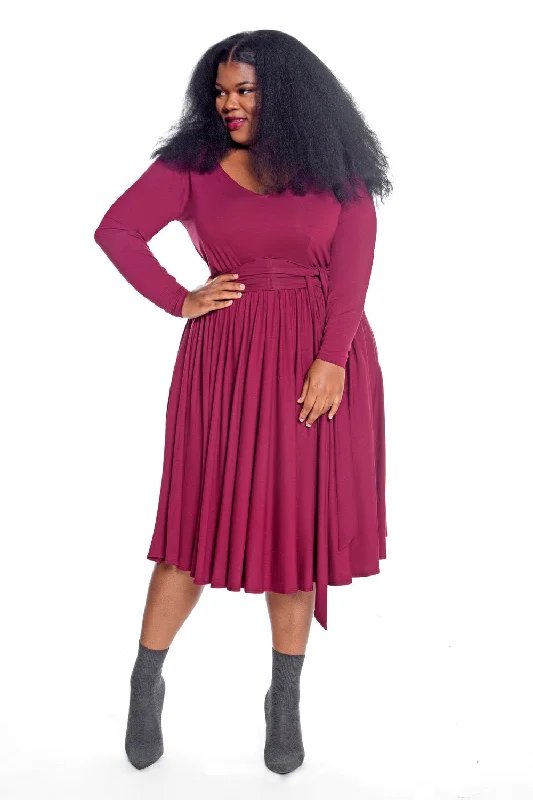 Wine V Neck Long Sleeved Flare Dress- JIBRI