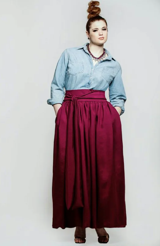 Wine High Waist Belted Maxi Skirt- JIBRI