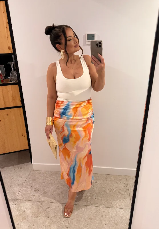 Satin Midi Slip ‘Carmen’ Skirt in Orange Swirl