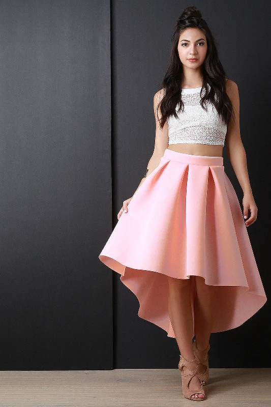 Scuba Box Pleated High-Low A-Line Skirt