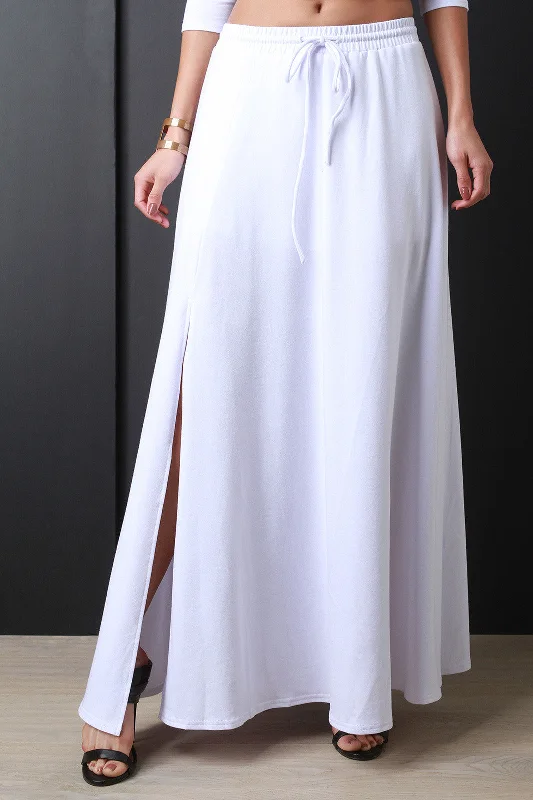 Self Tie Drawstring Maxi Slit Sweat Skirt