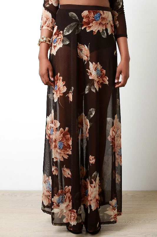 Floral Print Semi-Sheer Mesh Maxi Skirt