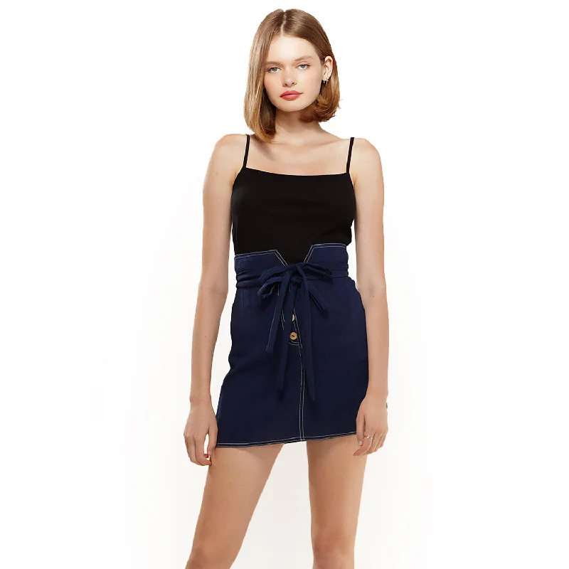 Women's Stitch Hem Double Strap High Waist Skirt in Navy