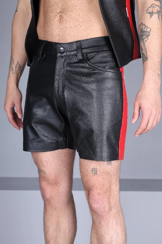 Black Leather 5 Pocket Short - Red Stripe