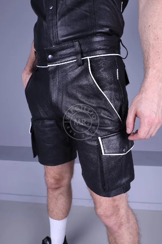 Black Leather Cargo Short - White Piping