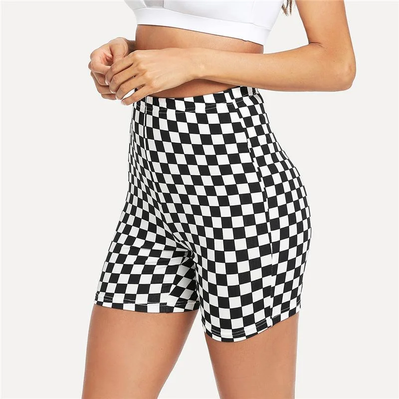 cross-border European and American black and white chess board printing tight yoga shorts sexy women's high waist sports shorts