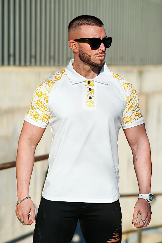 Men Short Sleeve Polo Shirt - Gold & White Pattern