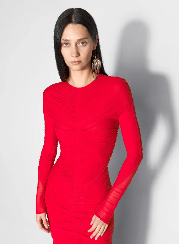 red ruched bodysuit